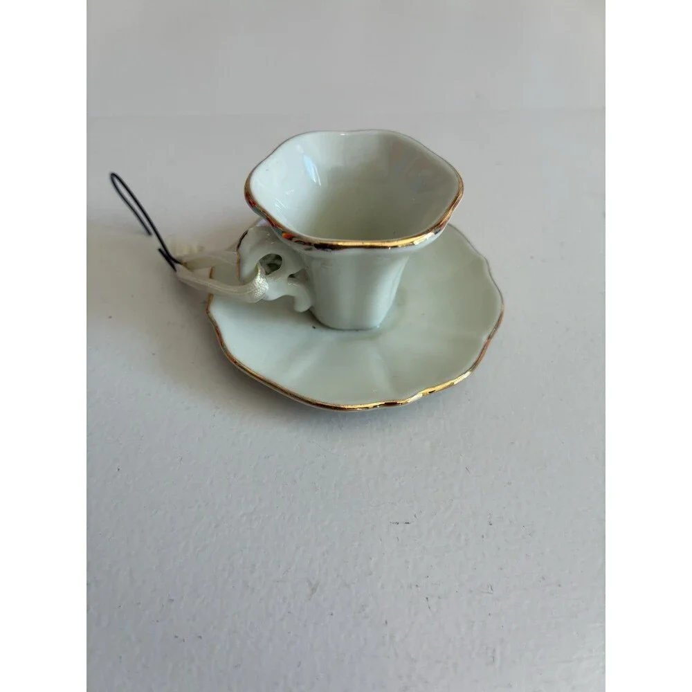 Vintage Floral Painted Tea Cup Saucer Ornament Gold Trim Cottagecore Christmas